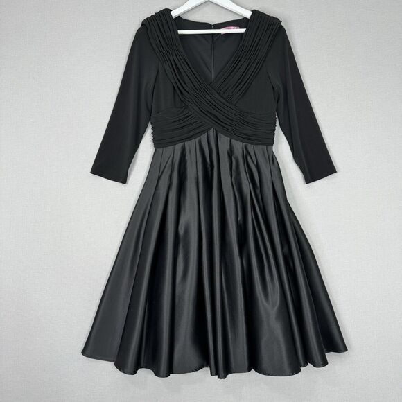 Eliza J Womens Dress 12 Black Pleated Fit & Flare Satin Midi Pinup Retro Formal - Picture 1 of 13